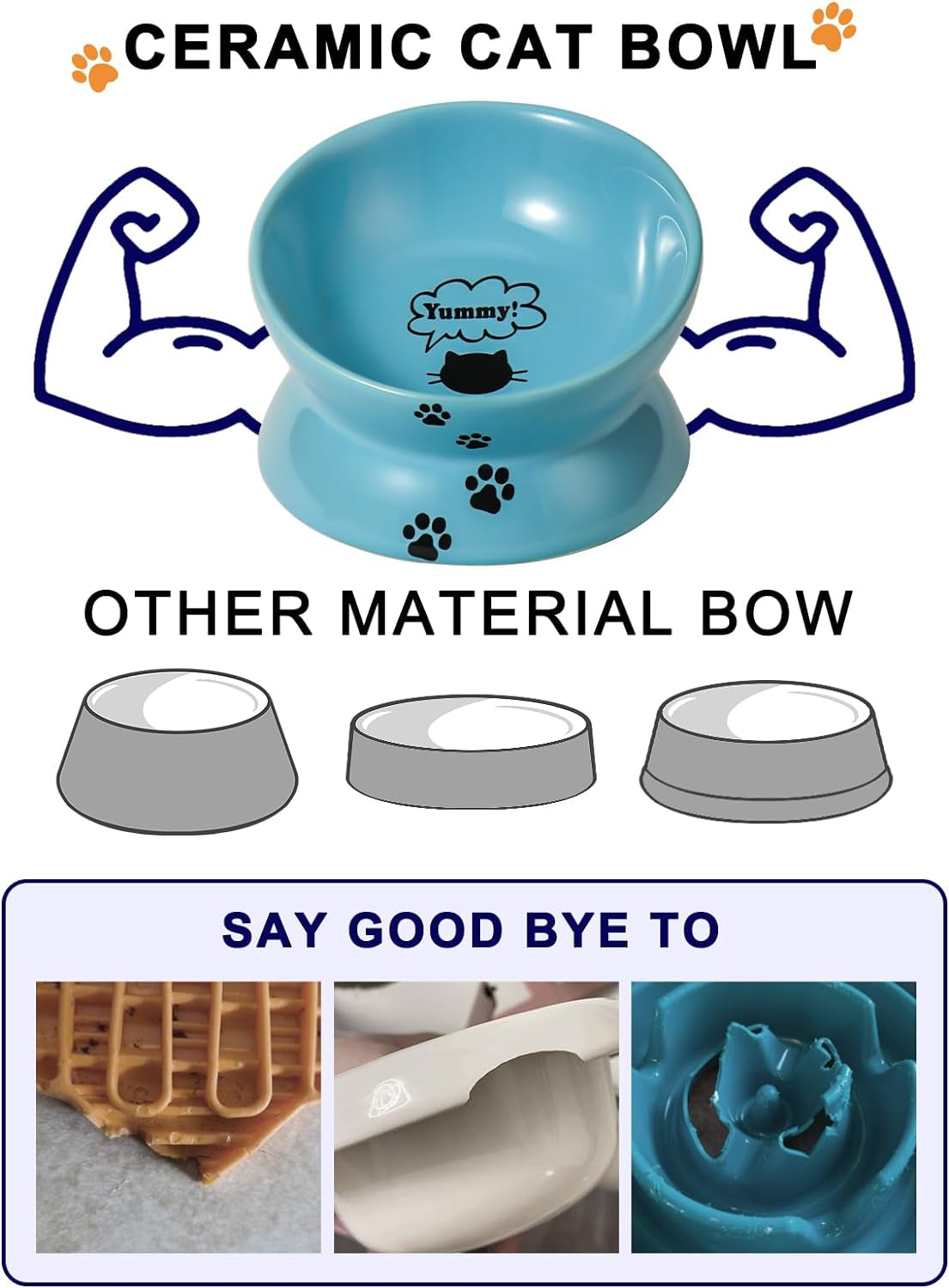 Elevated Cat Food Bowl, Ceramic Raised Bowl, Tilt Angle Protects Cat&