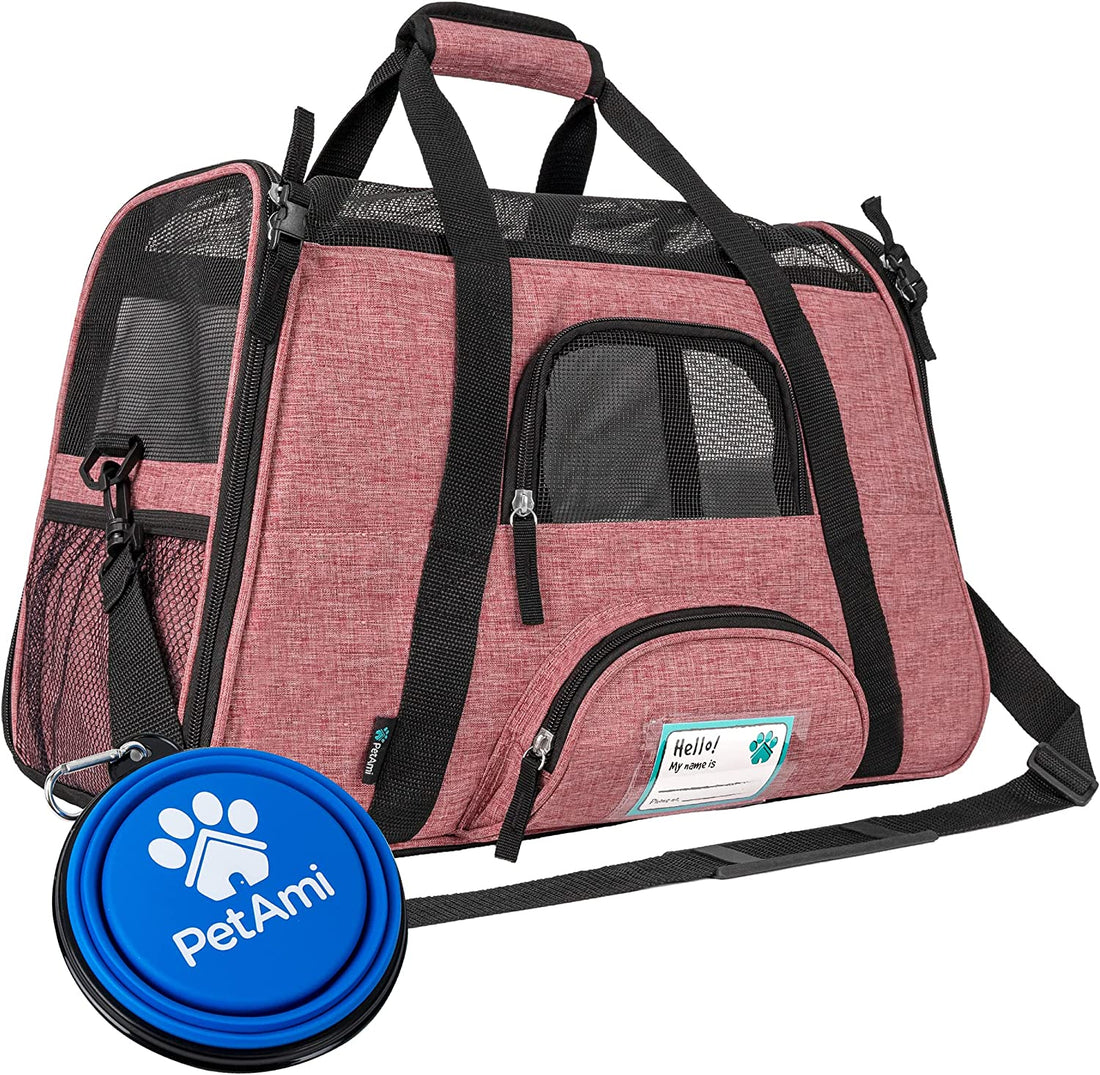 Airline Approved Pet Carrier for Cats &amp; Small Dogs, Soft Sided TSA Travel Carrier Bag with Sherpa Bed, Breathable Mesh Ventilation, Collapsible Bowl, up to 18 Lbs, Small Heather White Red