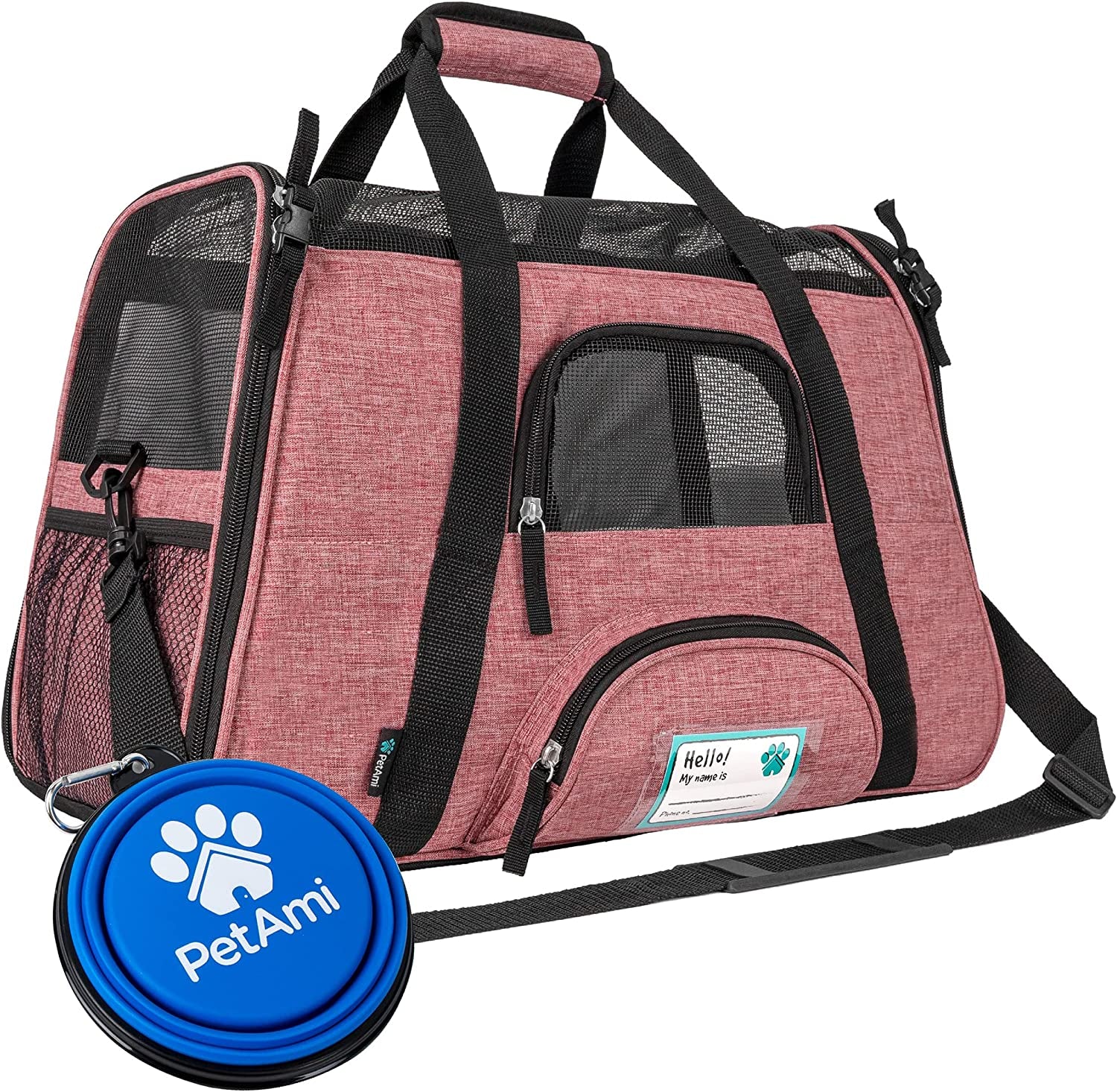 Airline Approved Pet Carrier for Cats &amp; Small Dogs, Soft Sided TSA Travel Carrier Bag with Sherpa Bed, Breathable Mesh Ventilation, Collapsible Bowl, up to 18 Lbs, Small Heather White Red