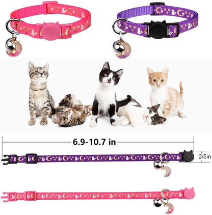 2PCS Breakaway Cat Collars with Bell Moons Stars Cute Kitty Adjustable Safe Kitten Collars with Pendant Glow in the Dark(Purple&amp;Pink)
