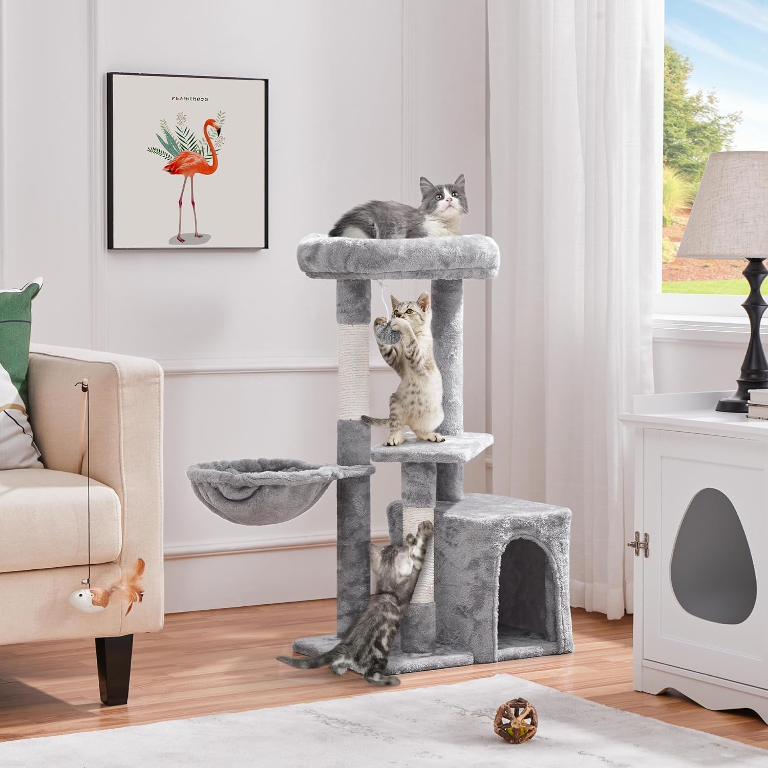 Cat Tree 34In Cat Tower Plush Cover with Condo, Platform &amp; Basket for Indoor Kittens, Cat Furniture Activity Tree