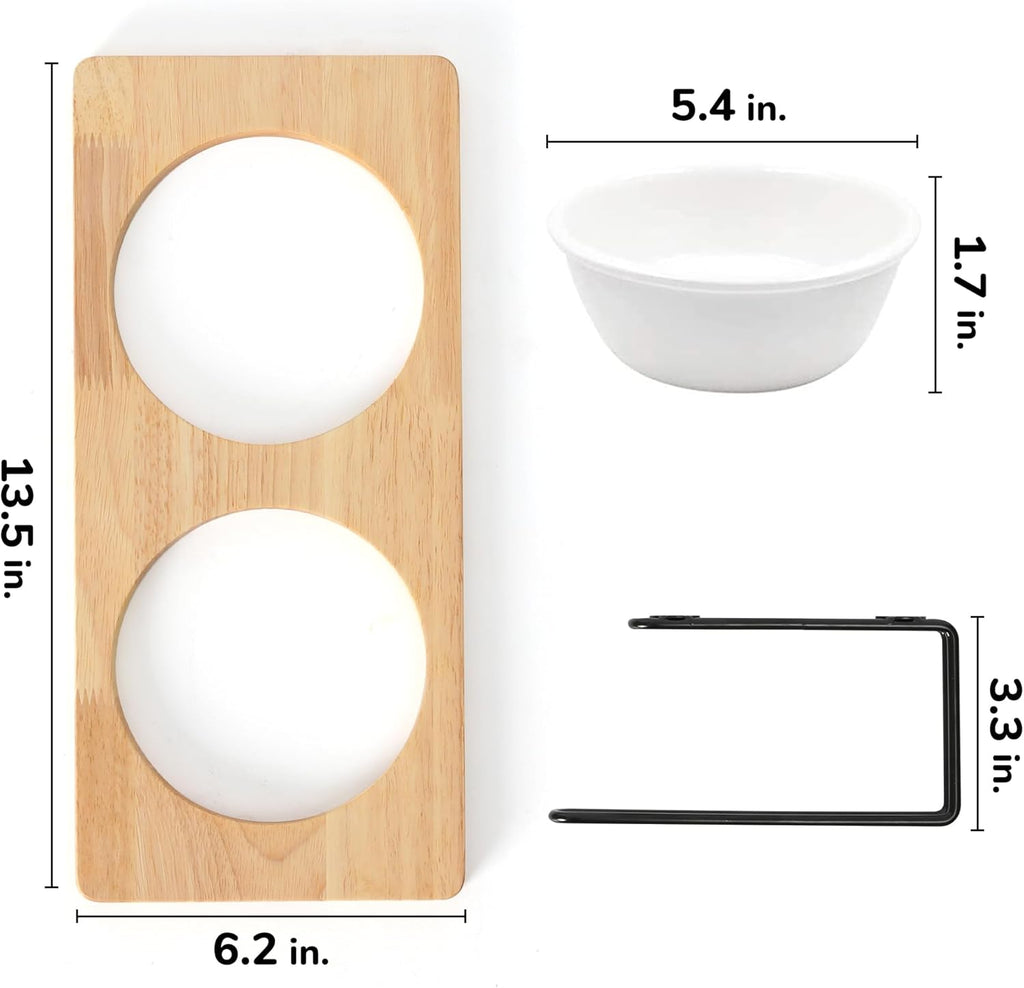 Elevated Cat Ceramic Bowls, Small Dog Raised Food Feeding Dishes, Solid Wood Water Stand Feeder Set for Cats and Puppy