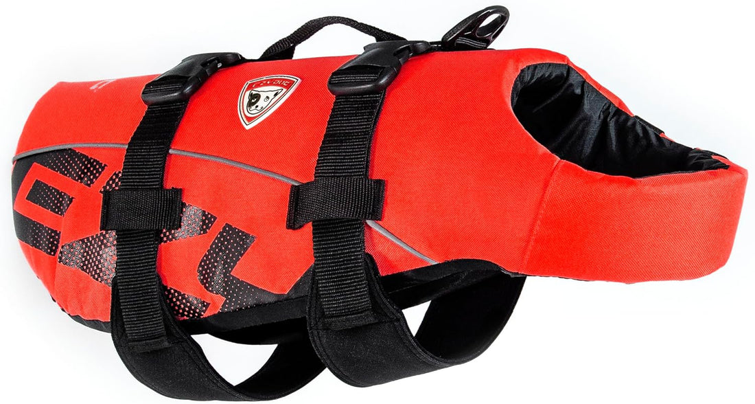 DFD Dog Life Jacket - Adjustable Swimming Safety Vest with Reflective Trim &amp; Durable Grab Handle - 50% More Flotation Material - X-Small, Red